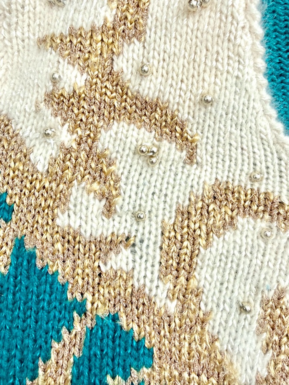 Vintage Jacklyn Smith Beaded Angora Sweater Teal Gold Fits S - Picture 6 of 11